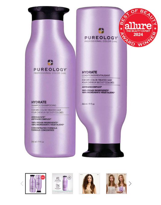 PUREOLOGY: HYDRATE SHAMPOO AND CONDITIONER DUO A best-selling, deeply hydrating duo that nourishes all hair types in need of intense moisture.
